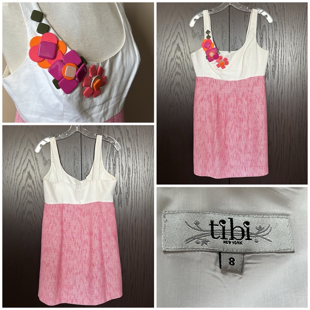 Tibi NY pink pleated skirt white linen tank dress with jewels sz 8 like new